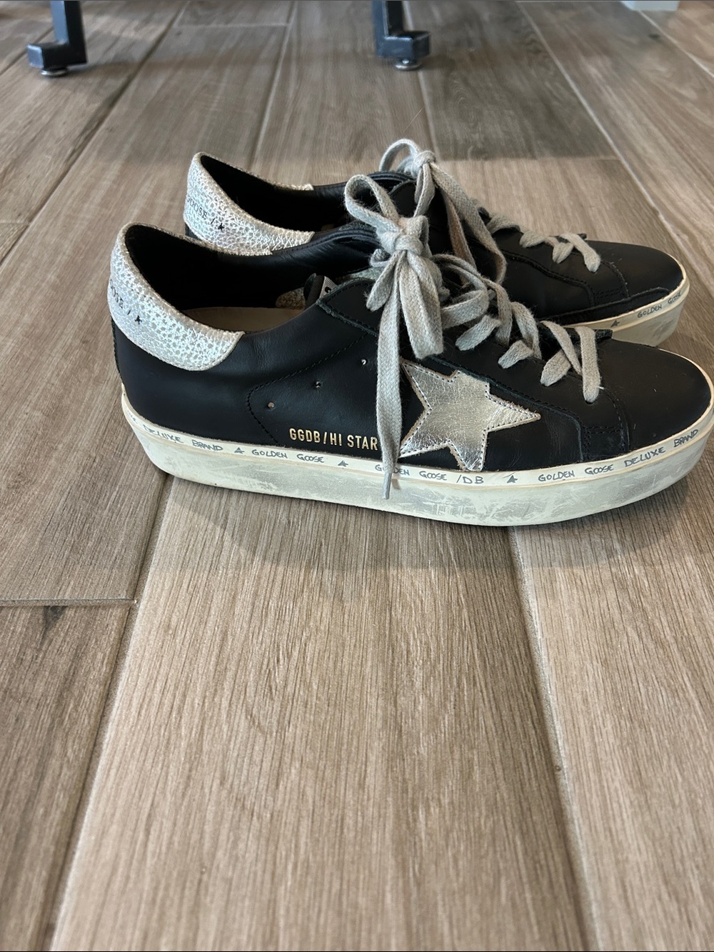 Golden Goose Black Leather Hi Star Sneakers with Silver Star ***authentic